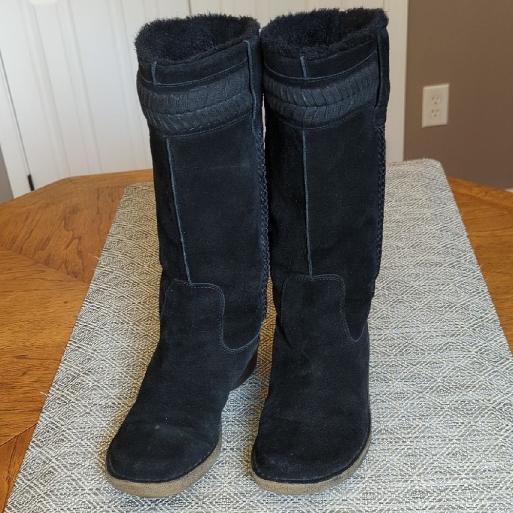 Nine West Vintange American Collection Black Suede Boots Faux Fur Trim - Picture 4 of 9